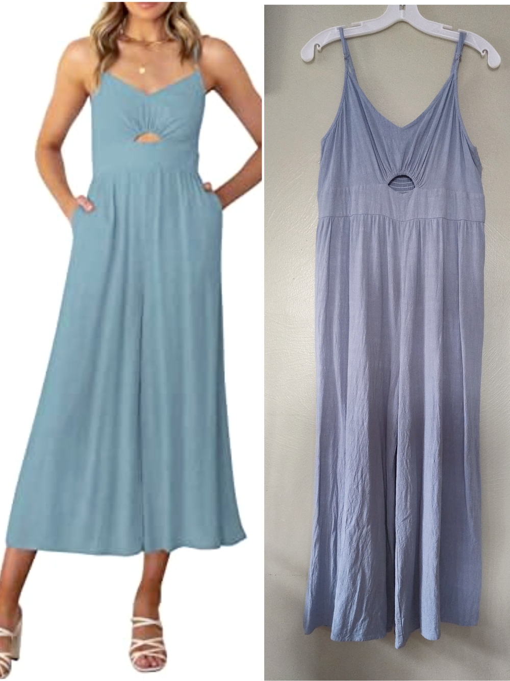 Anrabess Blue Sleeveless VNeck Cutout Wide Leg Jumpsuit XL Linen Blend